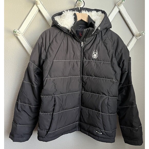 Spyder XTL Women's 10 US Ski Team Goose Down Hooded Puffer Jacket - Black - Picture 1 of 11